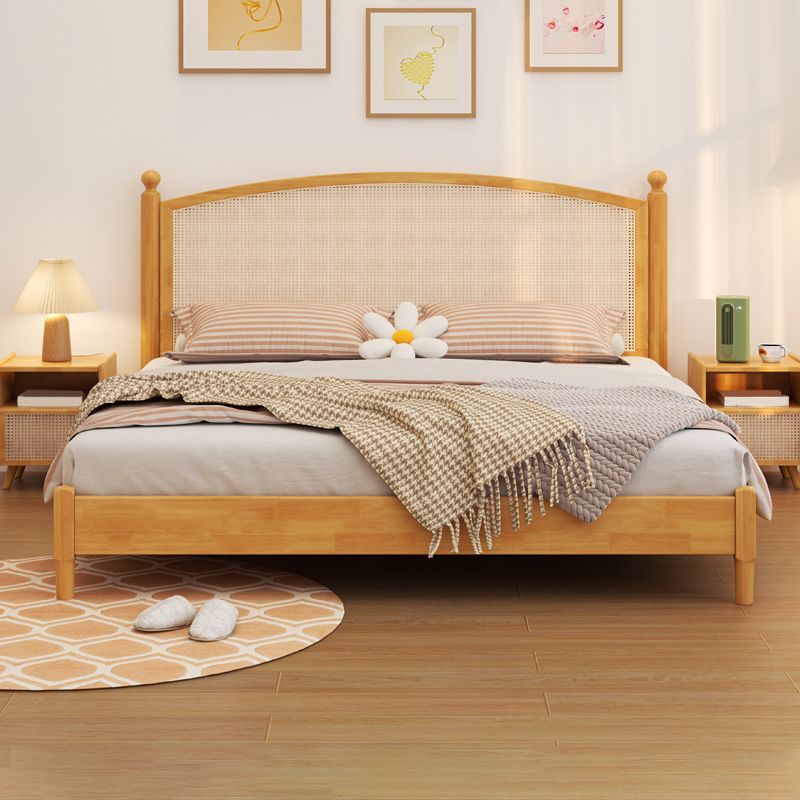 Cama estándar de paneles de madera tropical, cama arqueada y cabecera de ratán