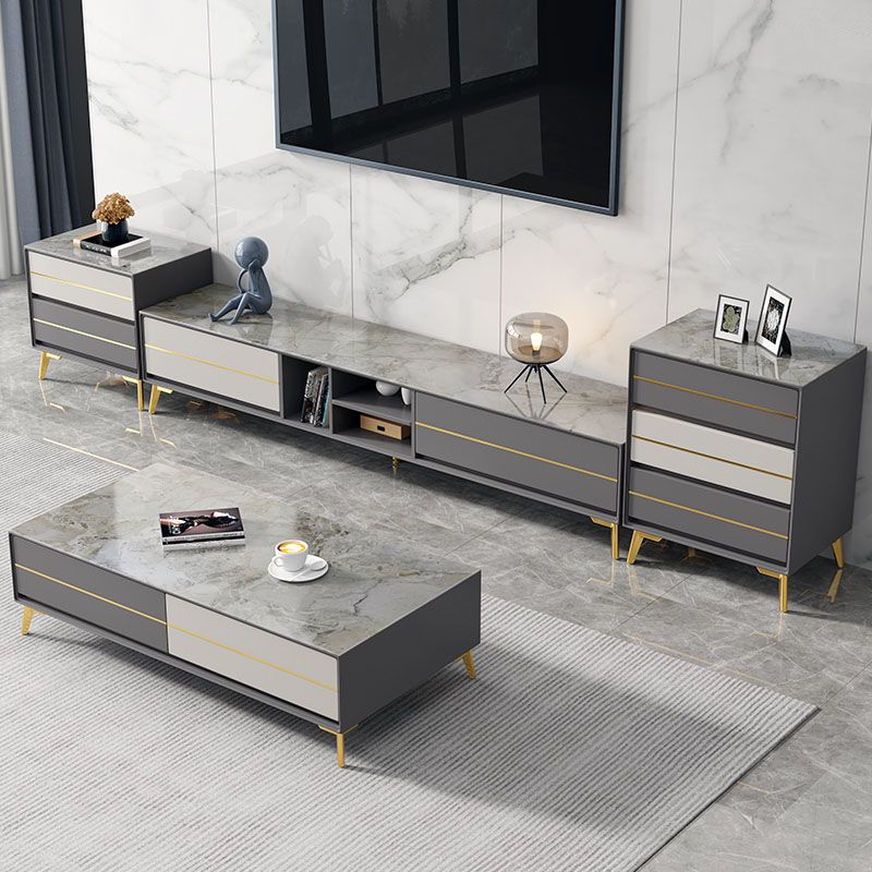 Stein- und Holz -TV -Medien stehen mit Schubladen moderne TV -Standkonsole