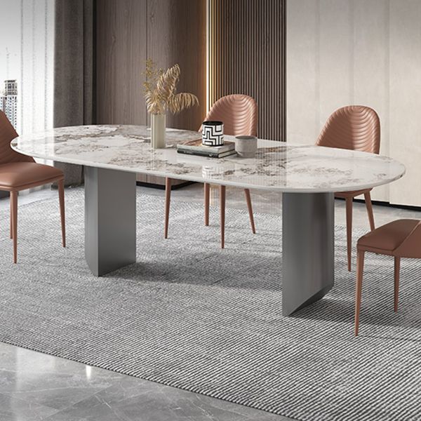 Sintered Stone Dining Table Modern Table in White with Grey Double Pedestal Clearhalo ' dining_table' 'Dining Tables & Seating' 'Dining Tables' 'furn' 'furn_dining_table' 'Furniture' 'furniture_dining_table' 'Kitchen & Dining Furniture' 'kitchen&dining_furn' 'kitchen' 'kitchen_dining_table' 1200x1200_17ee3fa6-4ba1-49eb-b5fa-299da4c2dc23