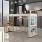 Rectangle Gold Marble and Wood Bar Living Room Pub Table with Double Pedestal