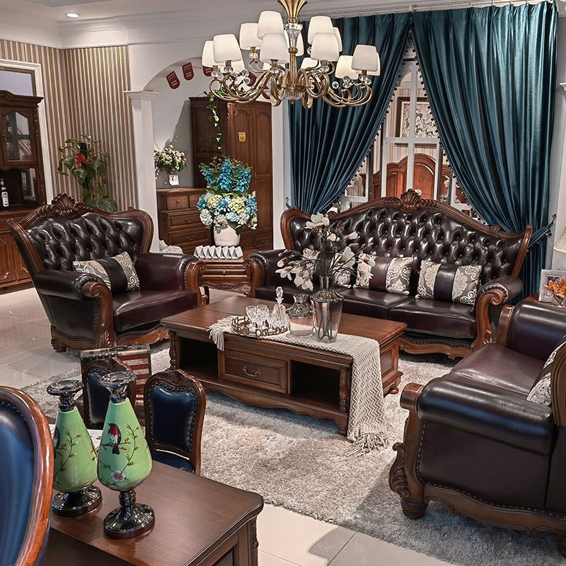 Solid Wood Genuine Leather Brown Rolled Arm Sofa with Tufted Back