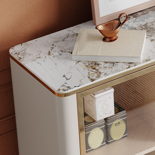 Sideboard a buffet bianco con porte di vetro server glam da pranzo con luci a LED