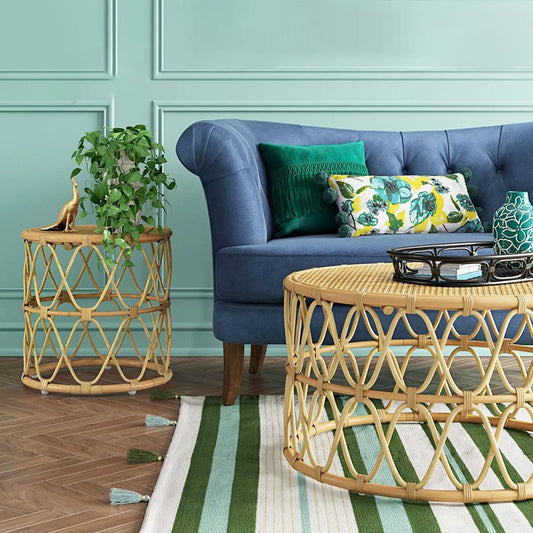 Scandinavian Round Cocktail Table with Wicker Base Natural/Black Clearhalo 'Coffee & Accent Tables' 'Coffee Tables' 'coffee_tables' 'furn' 'furn_coffee_tables' 'Furniture' 'Living Room Furniture' 1200x1200_1812ea9d-de6e-40a1-aa10-74870398f8bb