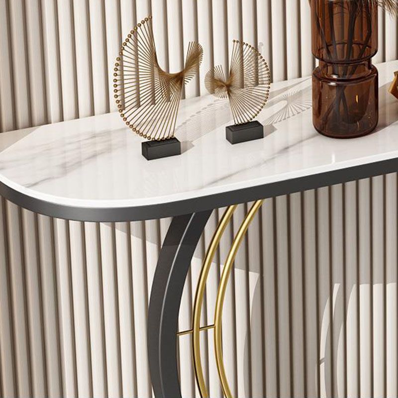 12 Inch Wide Glam Accent Table Half Moon Stone Console Table for Hall