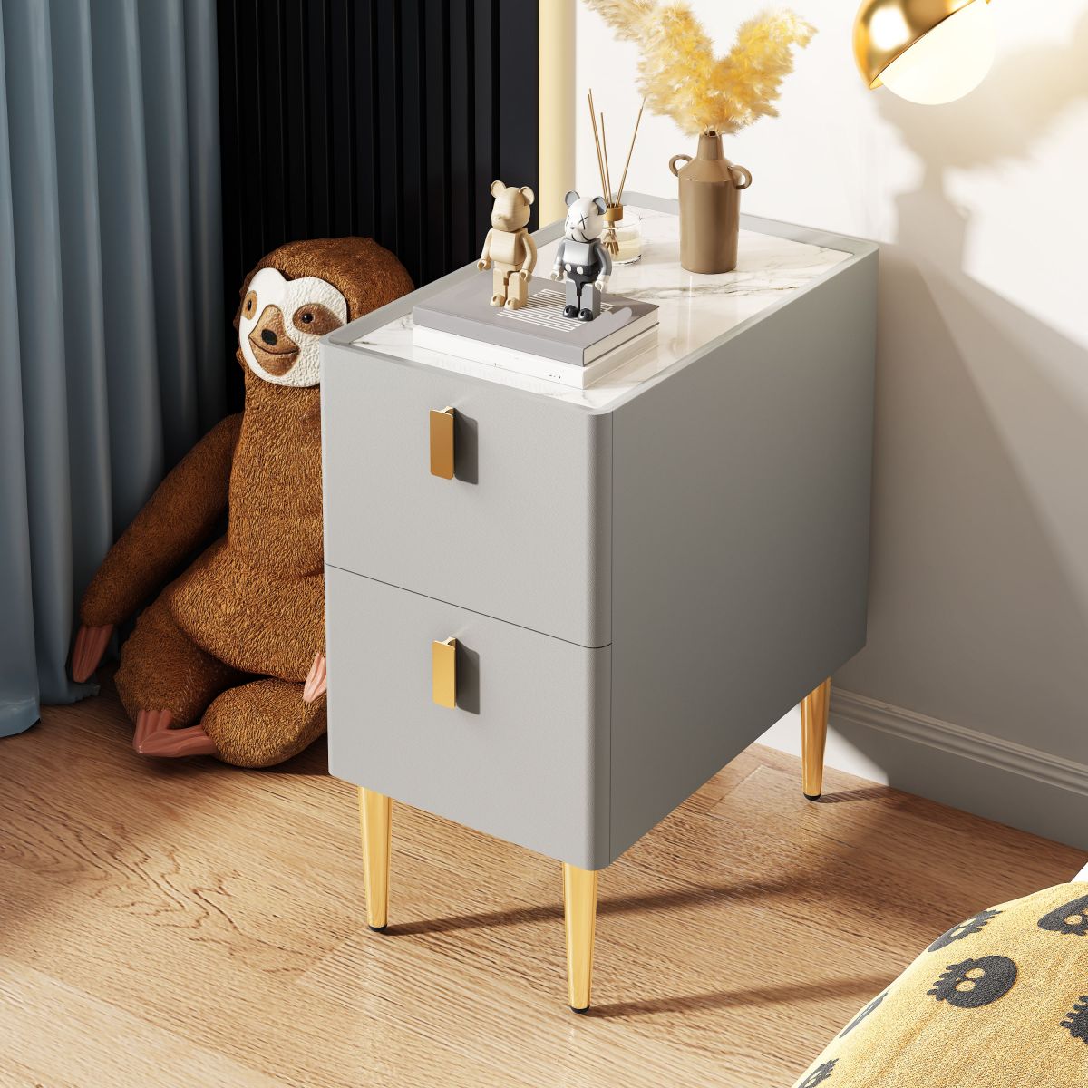 Glam Glam Rectangular Stone Top Night Table Table Cuir de 2 Drawer Tablette de nuit avec 4 jambes