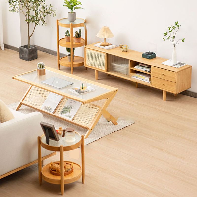 French Country Side Table Wood and Glass Round Accent Side Table