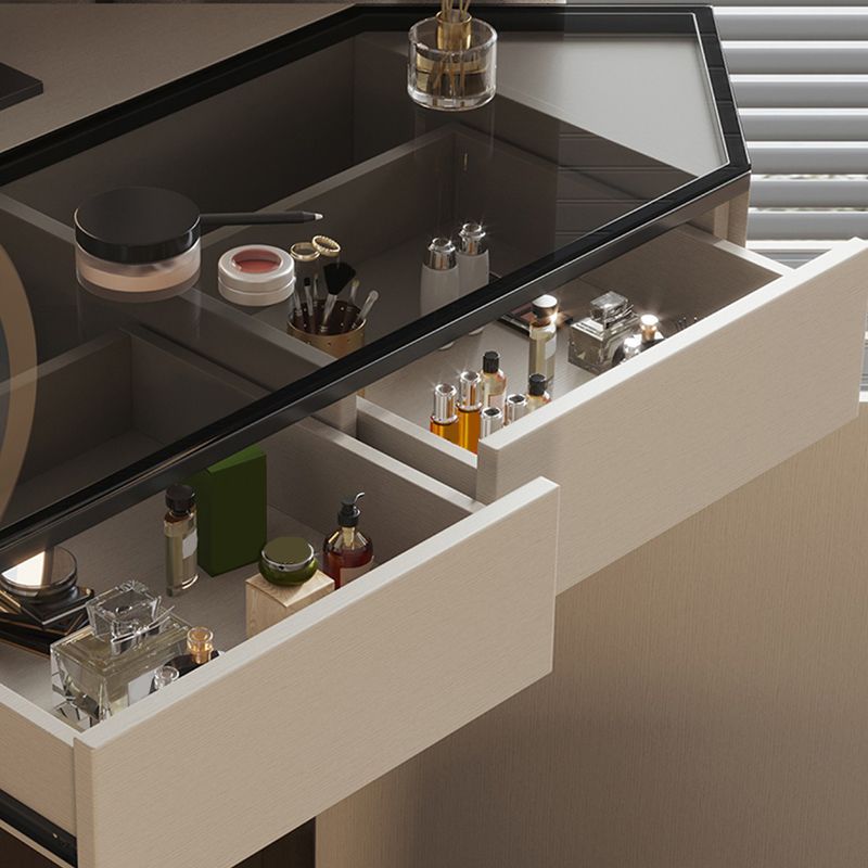 Modern Glass Corner Vanity Table Set 29.53" D 4-Drawer Makeup Vanity Table Clearhalo 'Bedroom Furniture' 'furn' 'furn_makeup_vanities' 'Furniture' 'Makeup Vanities' 'makeup_vanities' 1200x1200_18378484-4c12-49f3-8ddb-4cdd8b08664f