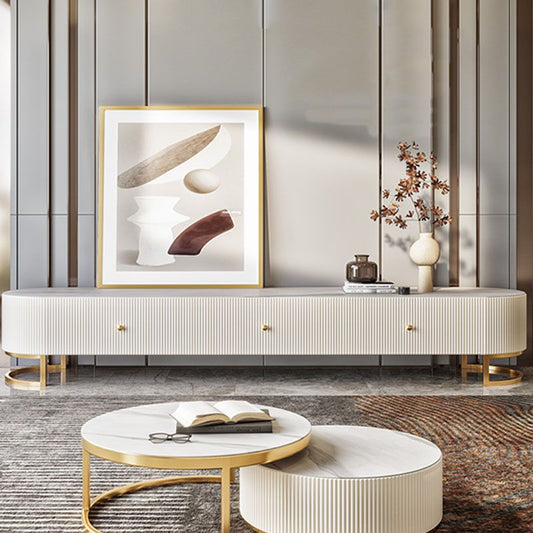 Console per supporto TV in stile glam, console TV bianca/ beige con cassetti e gambe morbidi