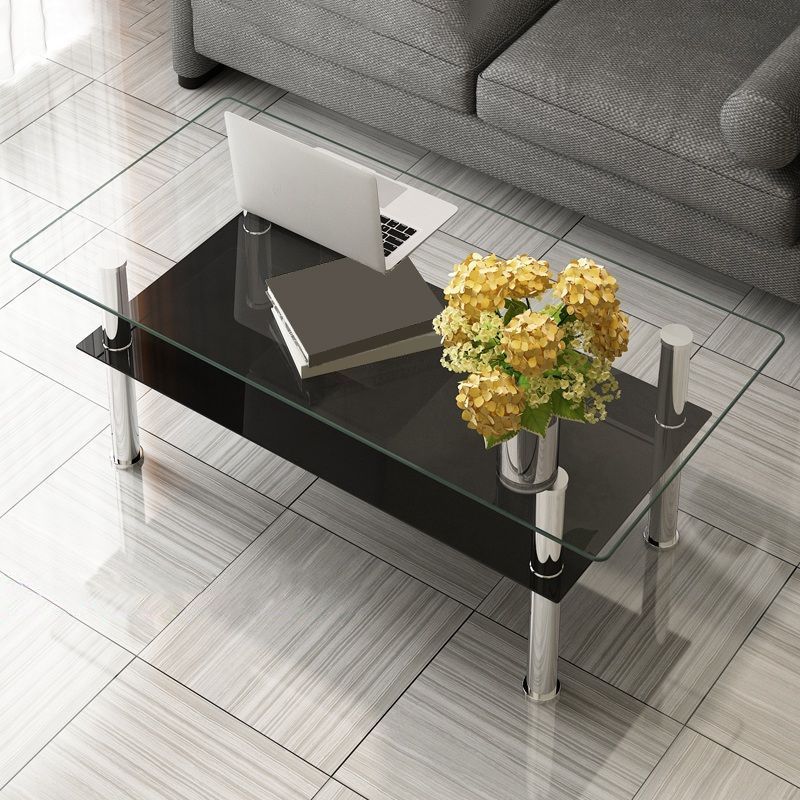 16.9" Tall Modern Stainless Steel 4 Legs Rectangular Glass Top Coffee Table with Shelf Clearhalo 'Coffee & Accent Tables' 'Coffee Tables' 'coffee_tables' 'furn' 'furn_coffee_tables' 'Furniture' 'Living Room Furniture' 1200x1200_1865d177-36df-4631-9c37-0b359de91eea