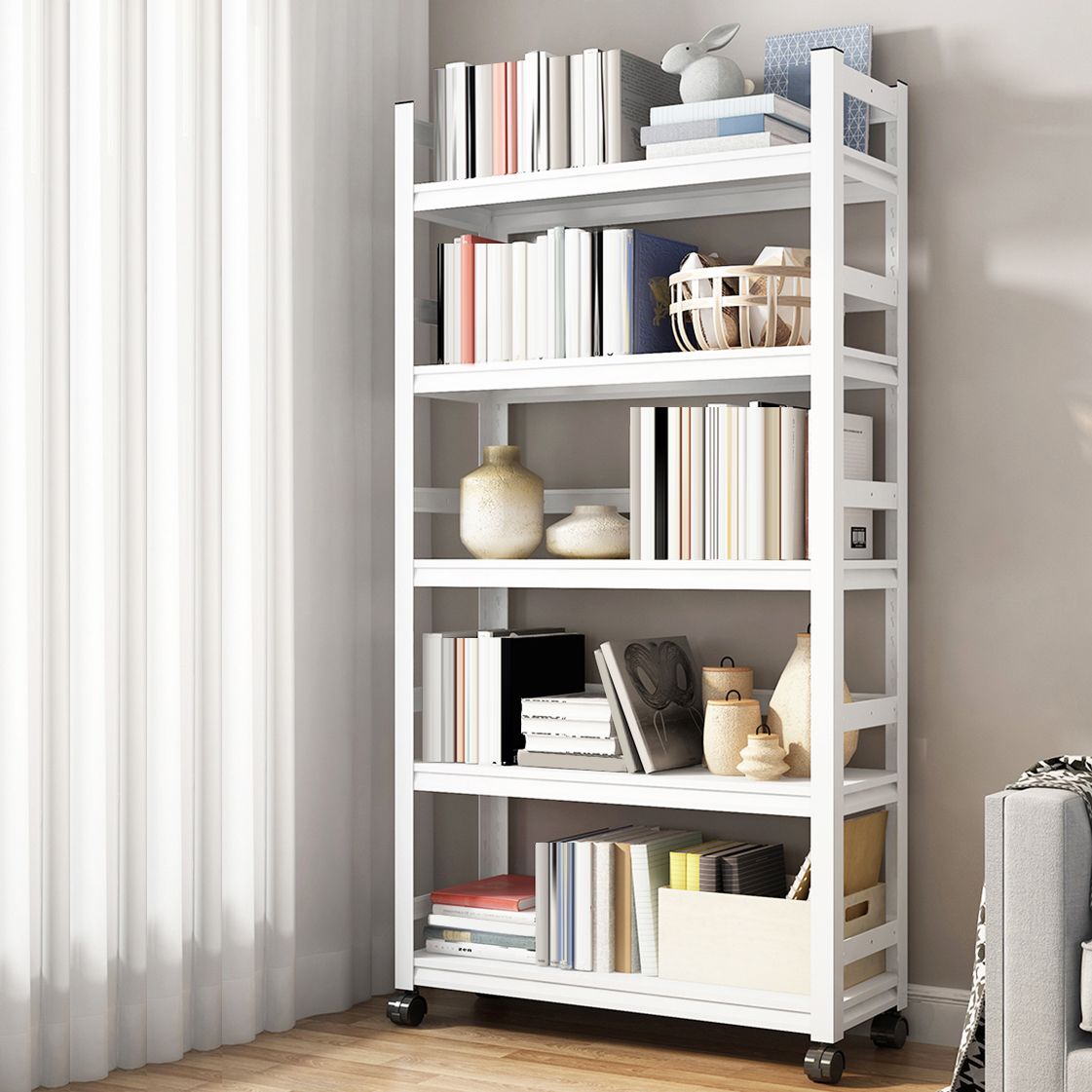 Metal Standard Bookshelf Modern Rectangle Bookcase with Casters