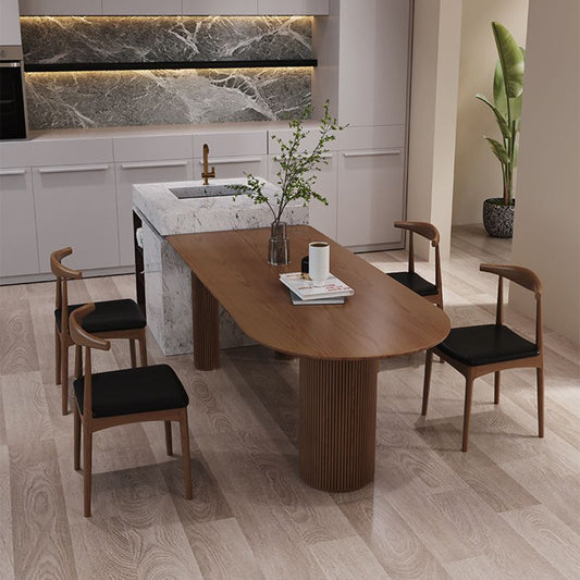 コンテンポラリーウッドトップオーバルダイネットテーブルウッドペデスタルダイニングテーブル