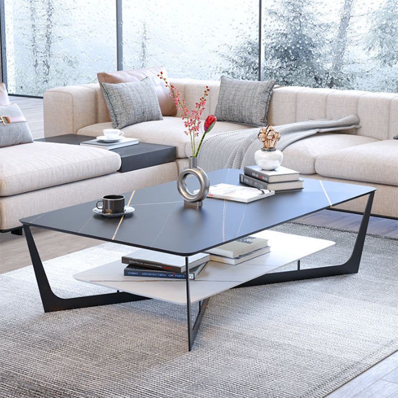 Cross Legs Slate Coffee Table Shelf Included Rectangle Single Cocktail Table