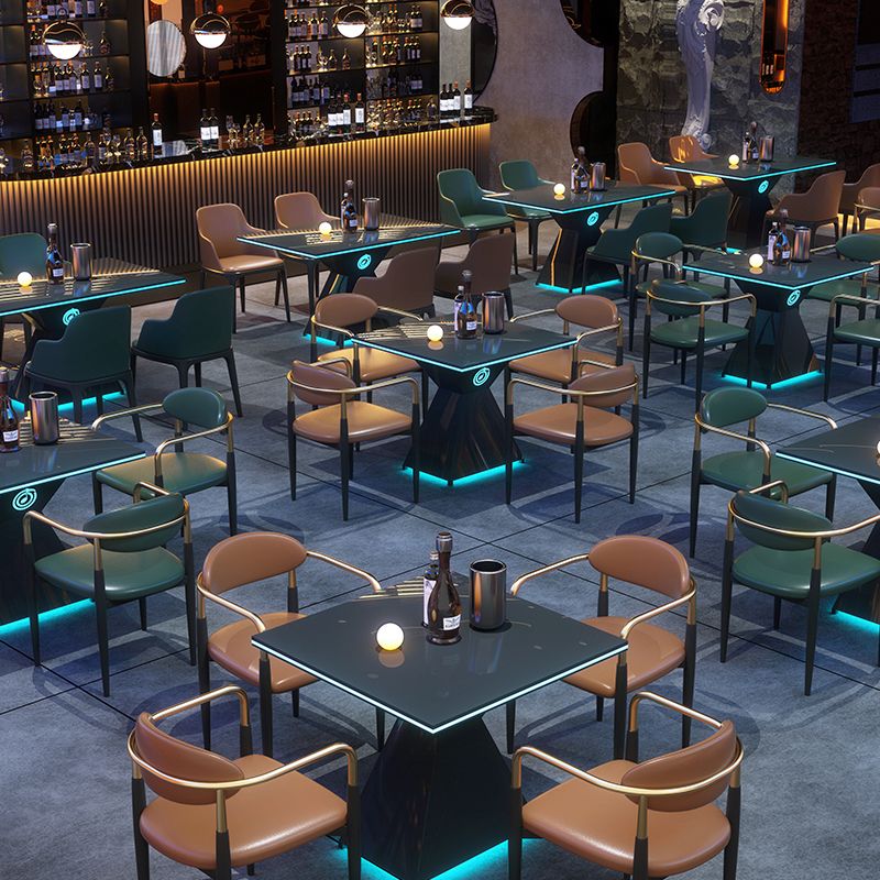 Faux Leather Arm Chairs Upholstered Dining Chairs with Metal Base