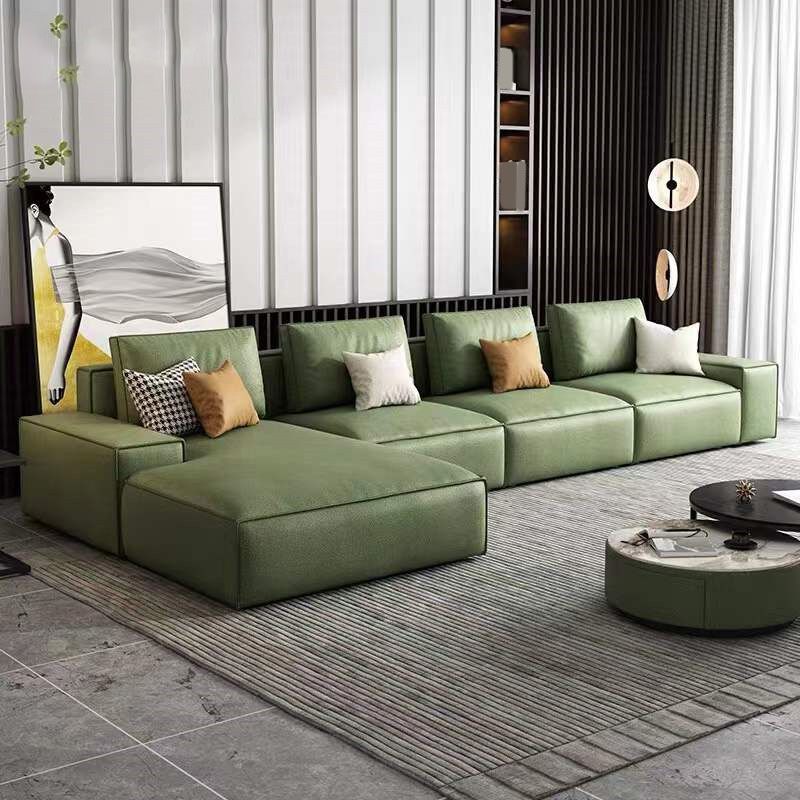 Square Arm 3/4-Seater Sofa & Chaise Green Faux Leather Sectional