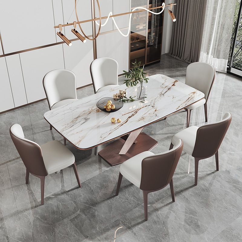 Glam Rectangle White Dining Table Sintered Stone Top Kitchen Dining Table with Pedestal Base Clearhalo ' dining_table' 'Dining Tables & Seating' 'Dining Tables' 'furn' 'furn_dining_table' 'Furniture' 'furniture_dining_table' 'Kitchen & Dining Furniture' 'kitchen&dining_furn' 'kitchen' 'kitchen_dining_table' 1200x1200_193acef6-e777-4ef8-a6b2-b5468ae7c4cd
