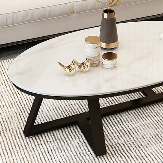 Cross Legs Coffee Table with Stone Oval Top and Iron Base Cocktail Table