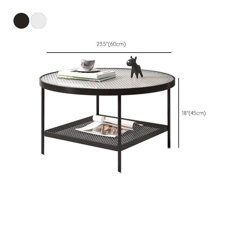 Table de cocktail ronde en verre, table basse en fer à 4 pieds avec étagère