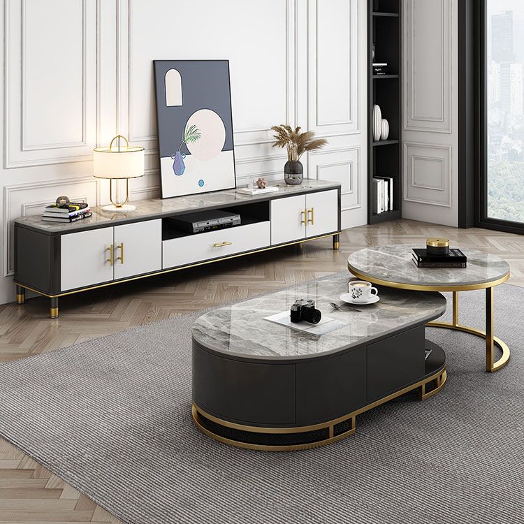 Stone Media Console Glam Faux Wood 1 Drawer TV Console with Doors Clearhalo 'furn' 'furn_tv_stands_entertainment_centers' 'Furniture' 'Living Room Furniture' 'TV Stands & Entertainment Centers' 'TV Stands & Media Storage Furniture' 'tv_stands_entertainment_centers' 1200x1200_19943de1-02a5-473a-b978-67e21b425705