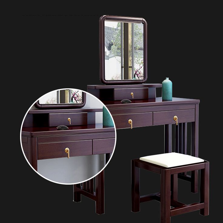 Tocador de tocador con espejo tradicional tocador de madera maciza con taburetes en marrón