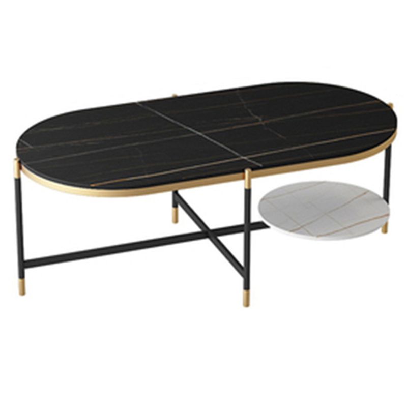 17.7" Tall Modern Metal Cross Leg Base Glass Oval Coffee Table with Shelf Clearhalo 'Coffee & Accent Tables' 'Coffee Tables' 'coffee_tables' 'furn' 'furn_coffee_tables' 'Furniture' 'furniture_coffee_tables' 'Living Room Furniture' 1200x1200_19c24c43-0923-4ff5-8b2a-77f914d90b6b