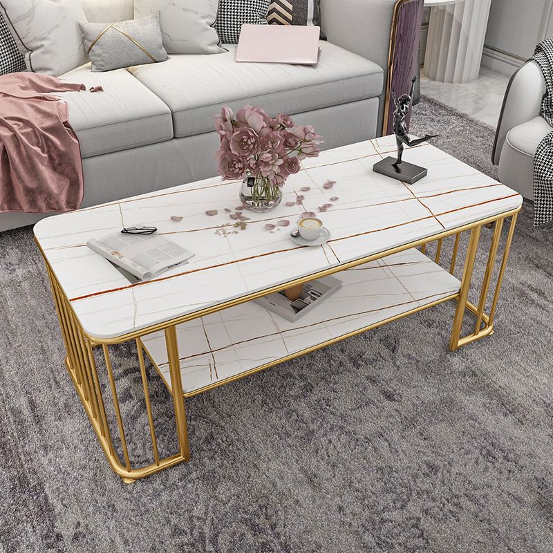 Glam Rectangle Coffee Table with Golden Frame Base and Storage Shelf