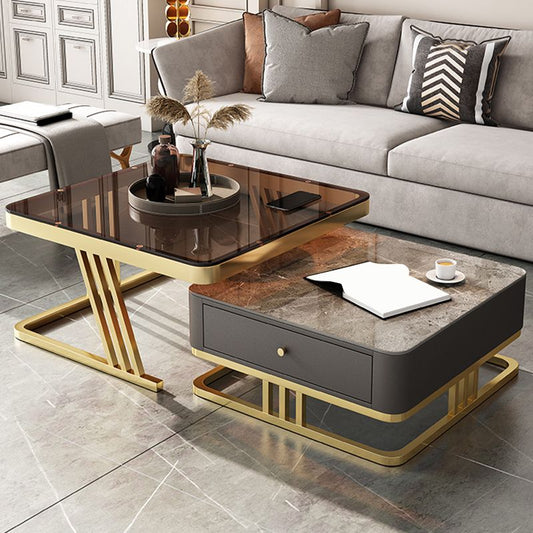 グラムフレームコーヒーテーブルガラス/スレートスクエアカクテルテーブルと引き出し付き