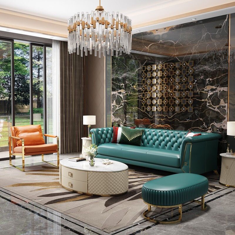 コンテンポラリータフトバックチェスターフィールドの長椅子本物の革の丸いアームソファ