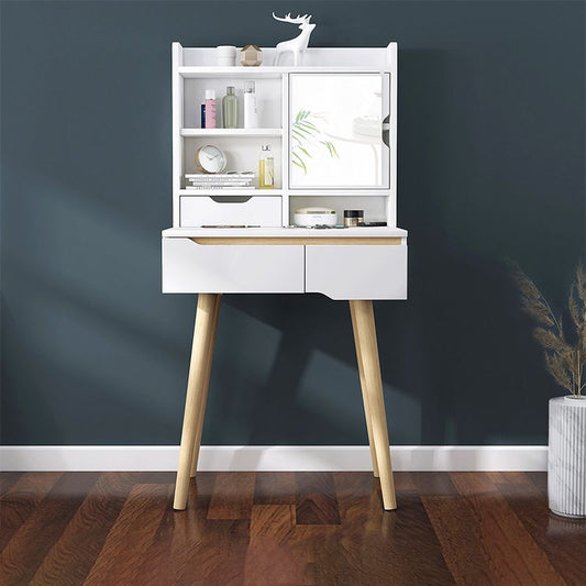 Tavolo da vanità scandinavo con cassetti e mensole e specchio