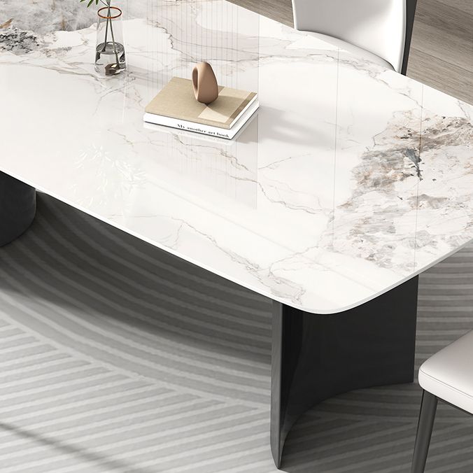 Hedendaagse grijze rechthoekige stenen eettafel met dubbele voetstuk