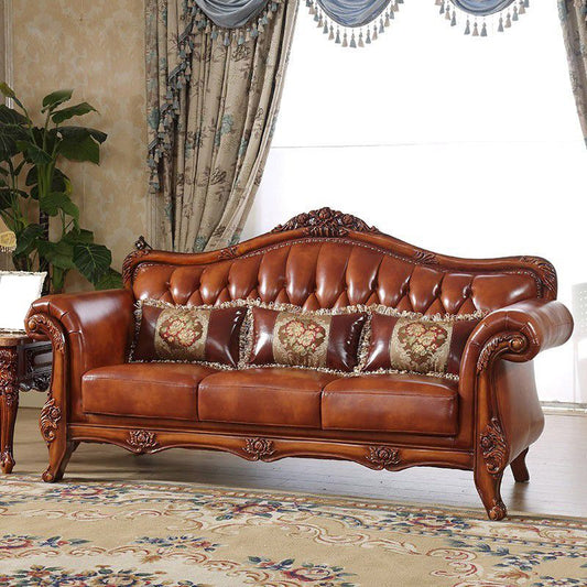 Genuine Leather Tufted Back Sofa Leather Round Arm Sofa in Brown