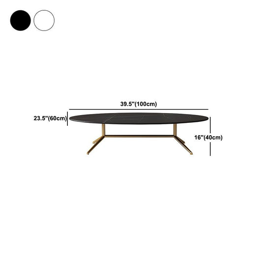 Glam Style Coffee Table with Oval Stone Top and Steel Trestle Base