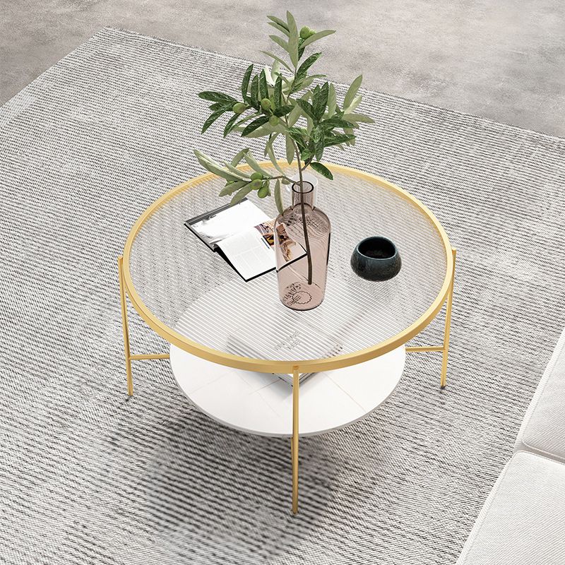 Modern Style Round Glass Table Plate Metal 4 Legs Base with Storage Rack Coffee Table Clearhalo 'Coffee & Accent Tables' 'Coffee Tables' 'coffee_tables' 'furn' 'furn_coffee_tables' 'Furniture' 'Living Room Furniture' 1200x1200_1a5d8c41-701c-41e4-b9f9-b440811ded2a