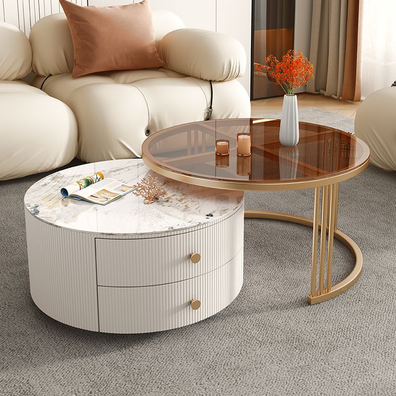 Metal Anb Glass Coffee Table Set Round Nesting Coffee Table Set with 2 Drawers Clearhalo 'Coffee & Accent Tables' 'Coffee Tables' 'coffee_tables' 'furn' 'furn_coffee_tables' 'Furniture' 'Living Room Furniture' 1200x1200_1a81312e-9e49-401b-ba7d-cb88d98b2781