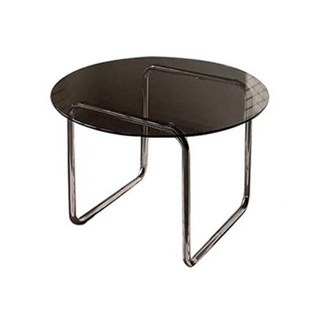 Modern Round Cocktail Table with Glass Top and Steel Sled Base