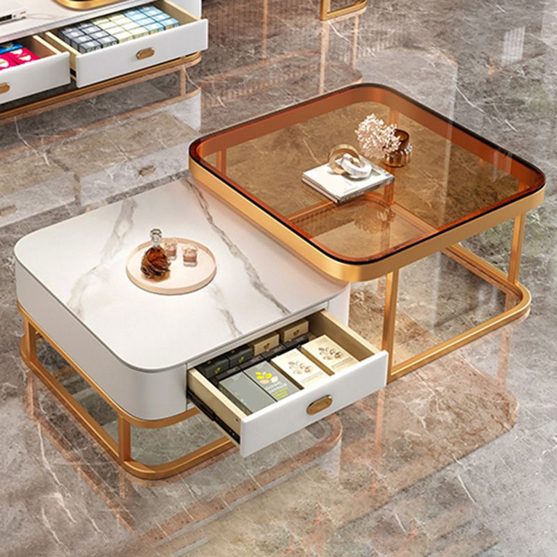 Glam Square Glass / Slate Coffee Table Metal Frame Cocktail Table with Drawer Clearhalo 'Coffee & Accent Tables' 'Coffee Tables' 'coffee_tables' 'furn' 'furn_coffee_tables' 'Furniture' 'Living Room Furniture' 1200x1200_1a99b386-d48a-4dea-b863-4472aaec2050