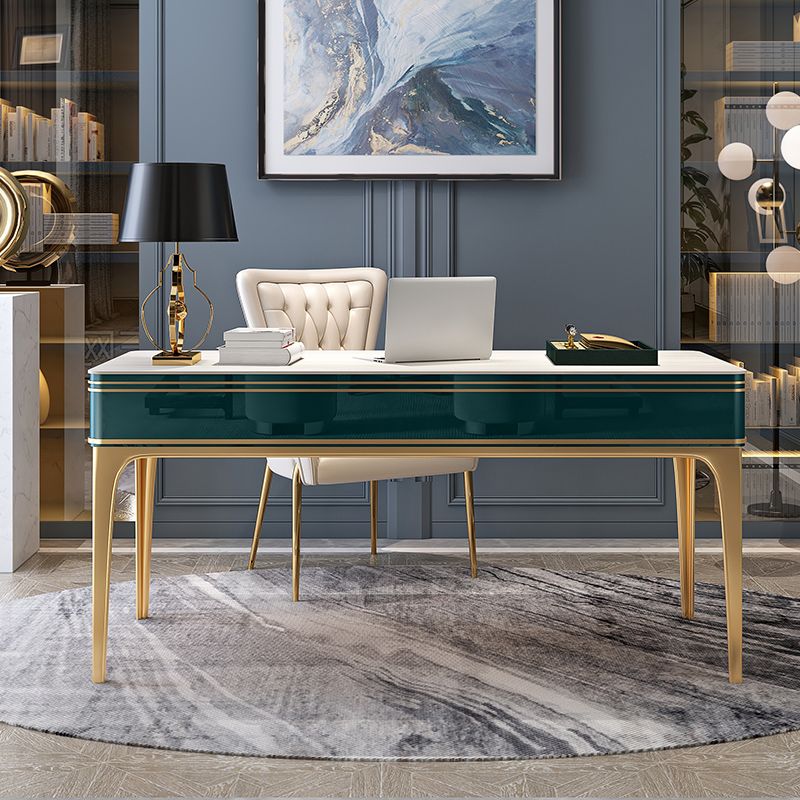 Bureau de bureau en bois contemporain Bureau de tâche de forme rectangulaire avec 4 jambes en vert et or