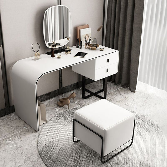 2-Drawer Vanity Set Genuine Leather & Metal Makeup Dressing Table with Mirror and Stool