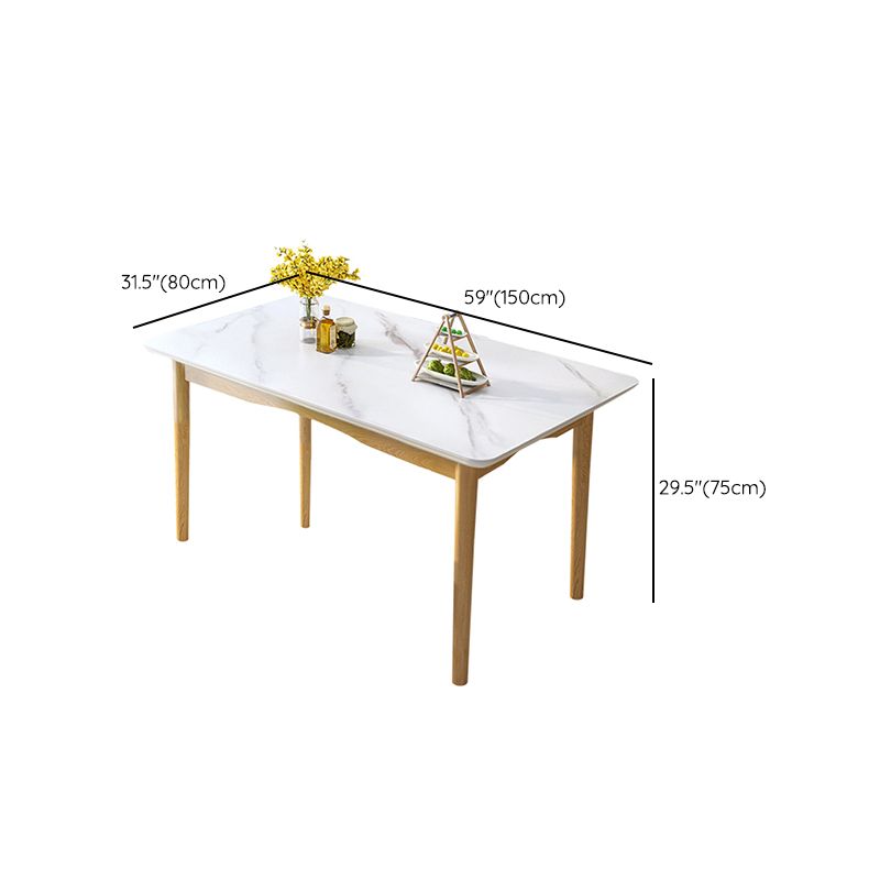 Mesa de comedor de piedra rectangular blanco moderno con 4 pies de madera maciza