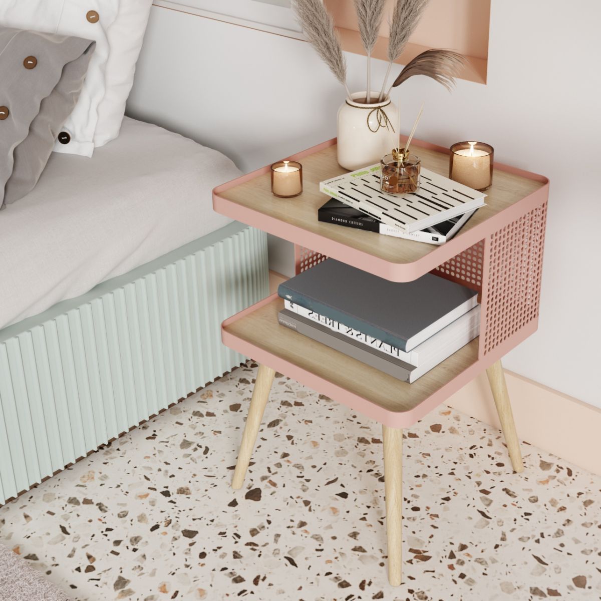 20 "H Accent Table table de nuit en bois perlé et table de nuit en métal étagère inférieure