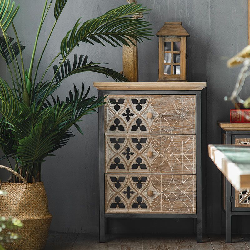 Metal and Distressed Wood Accent Cabinet Industrial Style Fretwork Chest