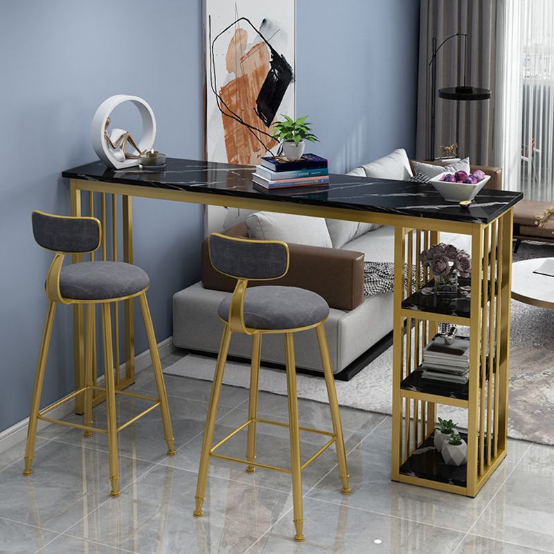 Mesa industrial rectangular con altura de barra, mesa de bar de madera sintética con base de almacenamiento