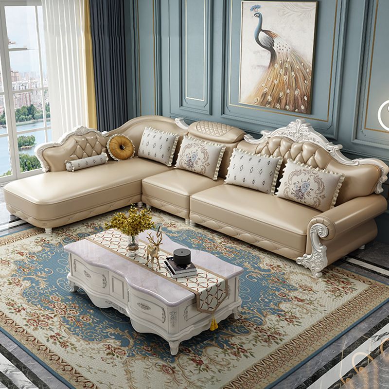 Tufted Scroll Arm Chesterfield Sofa and Chaise Genuine Leather Sofa with Pillows Clearhalo 'furn' 'furn_sectionals' 'Furniture' 'Living Room Furniture' 'Sectionals' 1200x1200_1adb97aa-a5c4-4b35-8405-4fe2bd51586a