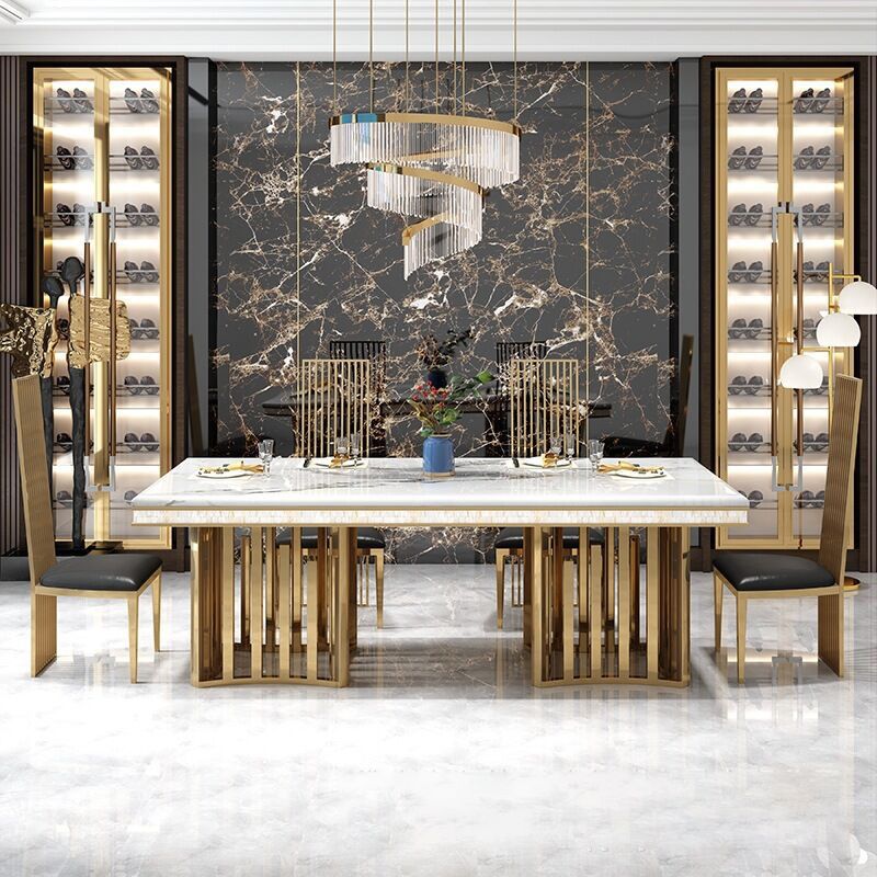 Traditional Luxury Marble Dining Table Rectangle Table with Metal Double Pedestal in Gold Clearhalo ' dining_table' 'Dining Tables & Seating' 'Dining Tables' 'furn' 'furn_dining_table' 'Furniture' 'furniture_dining_table' 'Kitchen & Dining Furniture' 'kitchen&dining_furn' 'kitchen' 'kitchen_dining_table' 1200x1200_1aeceae7-6e7d-4e41-9dee-465611ea07f2
