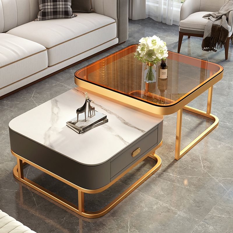 Modern Metal Frame Cocktail Table Square Glass / Slate Coffee Table with Drawer Clearhalo 'Coffee & Accent Tables' 'Coffee Tables' 'coffee_tables' 'furn' 'furn_coffee_tables' 'Furniture' 'Living Room Furniture' 1200x1200_1afa0e70-a301-47a1-8be5-457b40a8e3c8