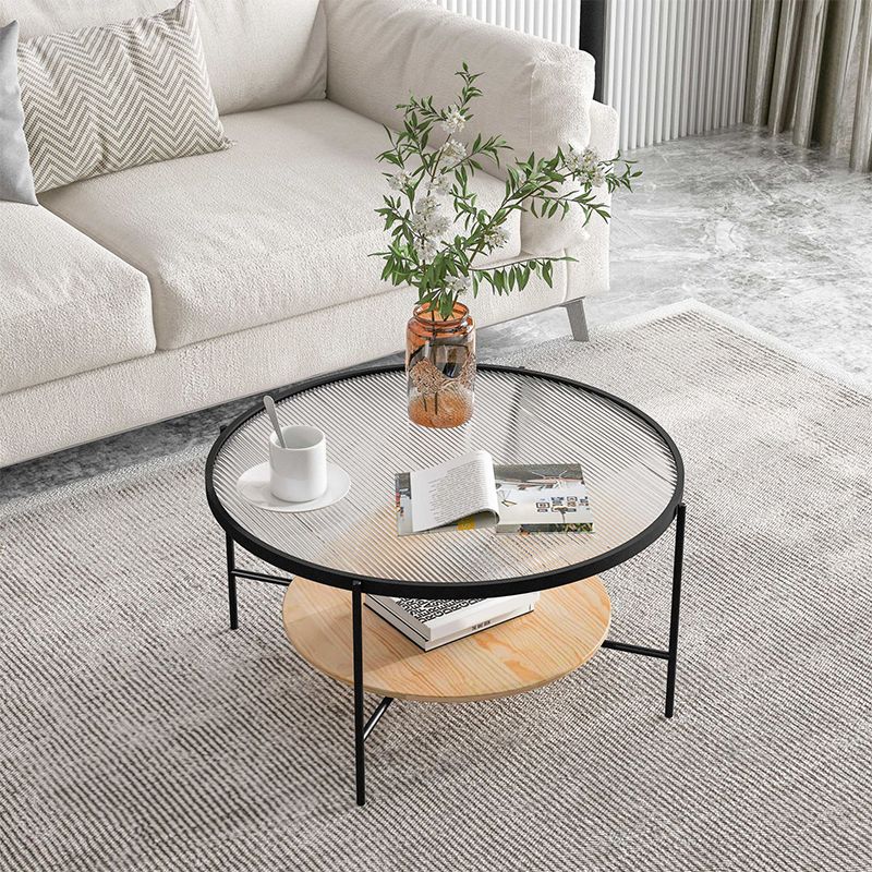 17.7" H Round Glass Top Coffee Table Steel 4 Legs Cocktail Table with Shelf Clearhalo 'Coffee & Accent Tables' 'Coffee Tables' 'coffee_tables' 'furn' 'furn_coffee_tables' 'Furniture' 'Living Room Furniture' 1200x1200_1b14cc9f-439f-4429-8aae-501959618a08