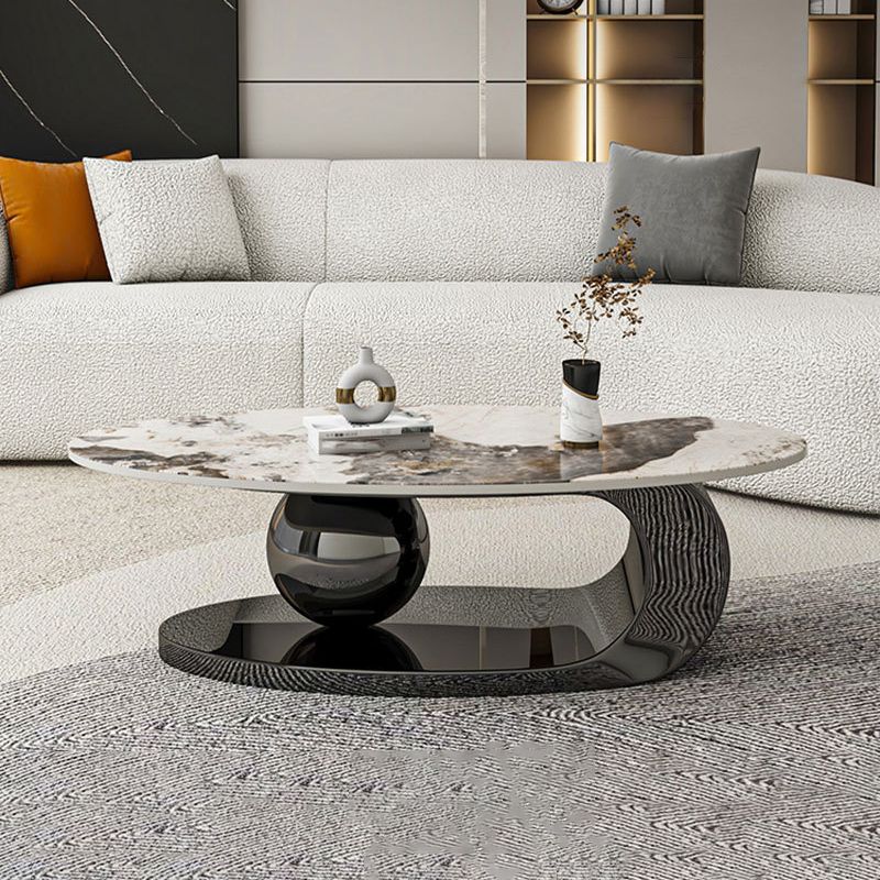 Oval Stone Top Coffee Table with Steel Base 51.18" Long 27.56" Wide Clearhalo 'Coffee & Accent Tables' 'Coffee Tables' 'coffee_tables' 'furn' 'furn_coffee_tables' 'Furniture' 'Living Room Furniture' 1200x1200_1b2067c1-0ad5-4359-bff8-796a3da133cd