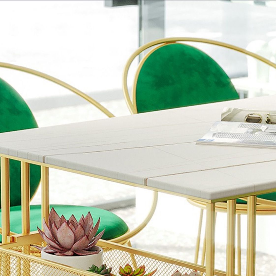 Traditional Luxury Dining Table Metal Double Gold Pedestal Table with Storage Clearhalo 'Dining Tables & Seating' 'Dining Tables' 'dining_table' 'furn' 'furn_dining_table' 'Furniture' 'furniture_dining_table' 'Kitchen & Dining Furniture' 1200x1200_1b34cb47-4996-49ca-8cf8-c0cc3c8f3d14