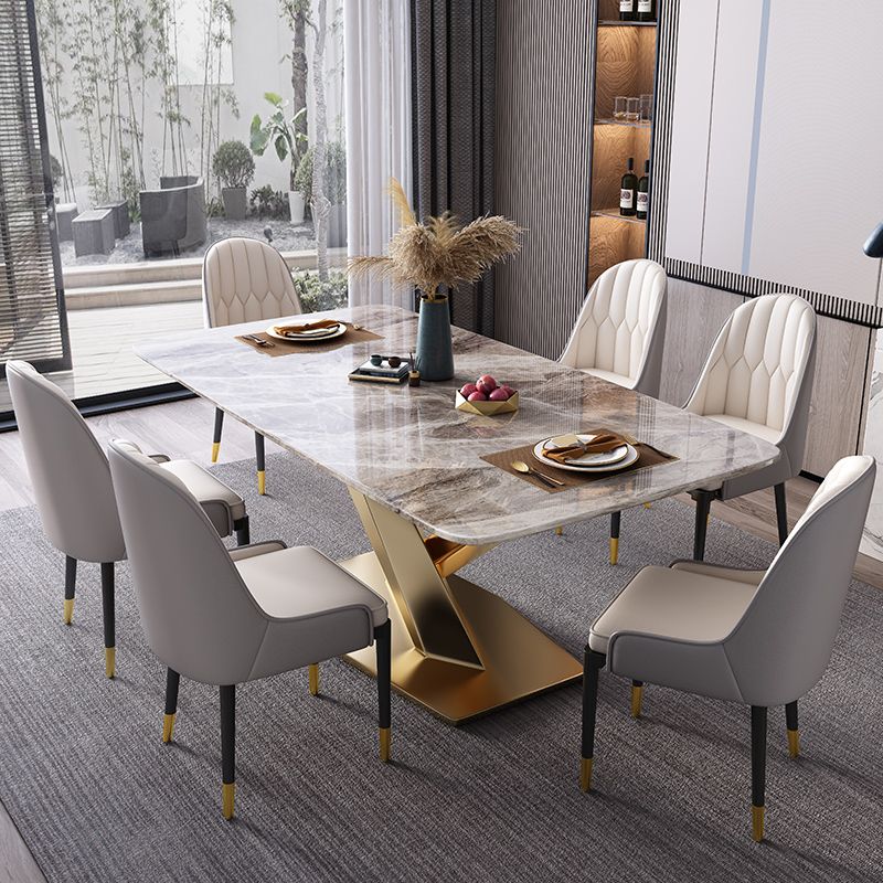 Modern Style Sintered Stone Dining Table with Standard Height Fixed Table and Gold Trestle Base Clearhalo 'Dining Room Sets' 'Dining Tables & Seating' 'dining_room_set' 'furn' 'furn_dining_room_set' 'Furniture' 'furniture_dining_room_set' 'Kitchen & Dining Furniture' 'kitchen&dining_furn' 'kitchen' 1200x1200_1b49b8b8-a925-470d-82fe-9215213dd44e