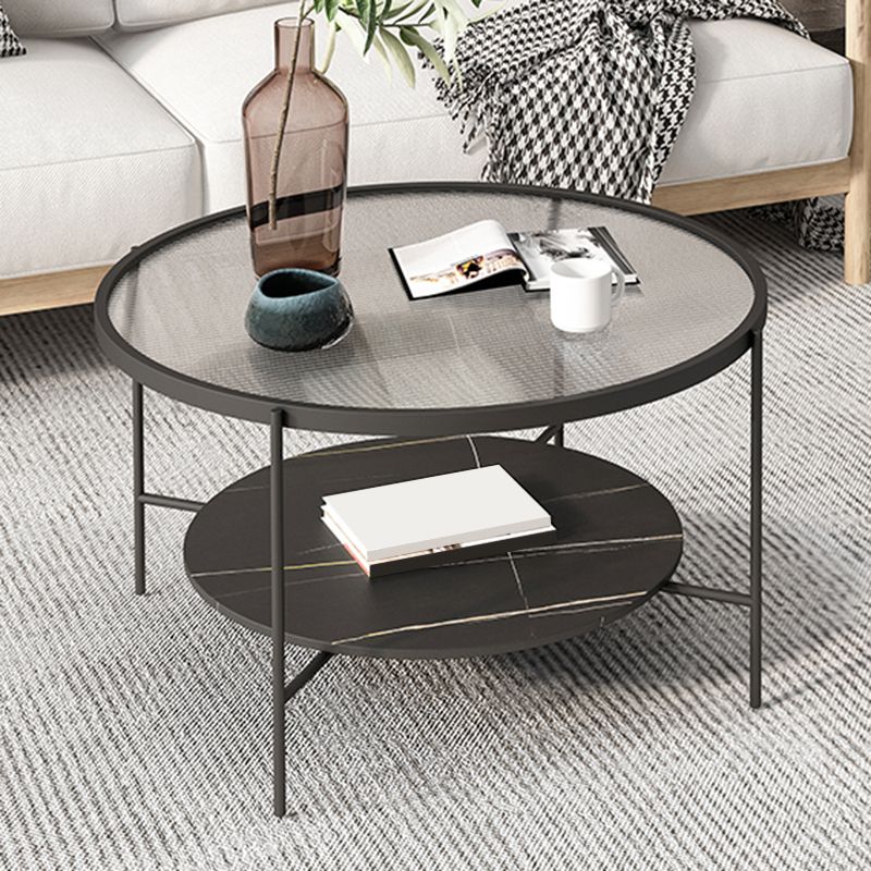Modern Round Glass & Slate Coffee Cocktail Table with Storage Shelf
