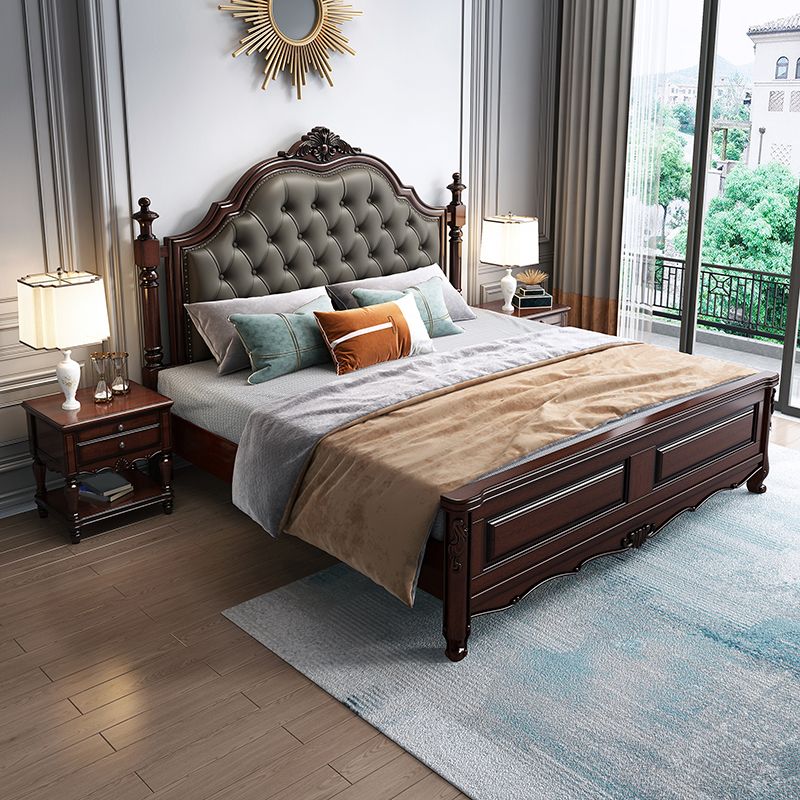 Rubberwood Traditional Panel Bed 62.59" High Brown Bed with Upholstered Headboard Clearhalo 'Bedroom Furniture' 'Beds' 'furn' 'furn_beds' 'Furniture' 1200x1200_1b77ffab-6c71-43ed-8b56-b0a579729f56